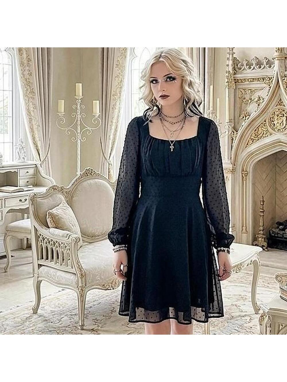 Black lace dress with long sleeves and square neckline 118